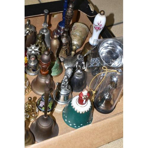 385 - THREE BOXES OF DECORATIVE BELLS, comprising ceramic, glass and metal examples, including figural, so... 