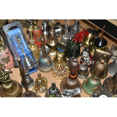 385 - THREE BOXES OF DECORATIVE BELLS, comprising ceramic, glass and metal examples, including figural, so... 