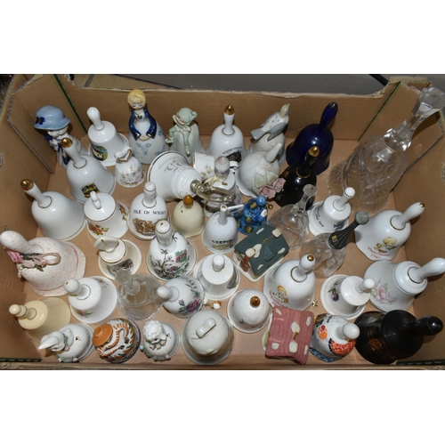 385 - THREE BOXES OF DECORATIVE BELLS, comprising ceramic, glass and metal examples, including figural, so... 