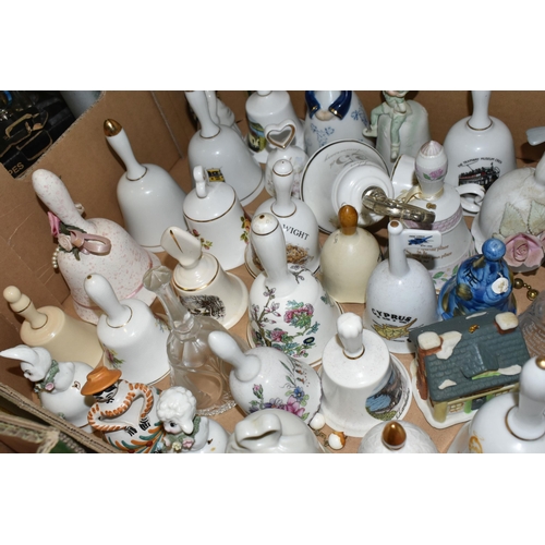 385 - THREE BOXES OF DECORATIVE BELLS, comprising ceramic, glass and metal examples, including figural, so... 