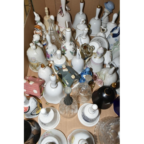 385 - THREE BOXES OF DECORATIVE BELLS, comprising ceramic, glass and metal examples, including figural, so... 