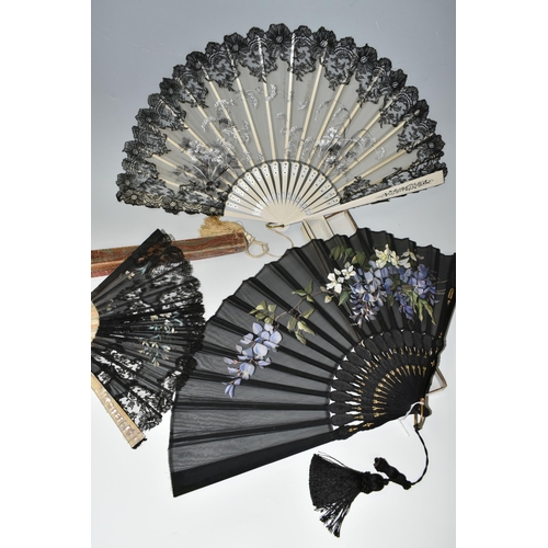 392 - THREE FOLDING FANS, comprising a boxed mother of pearl and black lace fan, with painted flowers and ... 