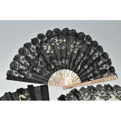 392 - THREE FOLDING FANS, comprising a boxed mother of pearl and black lace fan, with painted flowers and ... 