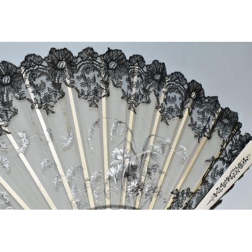 392 - THREE FOLDING FANS, comprising a boxed mother of pearl and black lace fan, with painted flowers and ... 