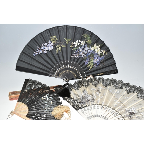 392 - THREE FOLDING FANS, comprising a boxed mother of pearl and black lace fan, with painted flowers and ... 