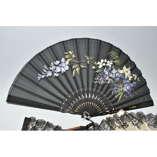 392 - THREE FOLDING FANS, comprising a boxed mother of pearl and black lace fan, with painted flowers and ... 