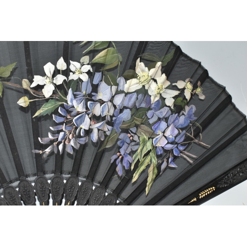 392 - THREE FOLDING FANS, comprising a boxed mother of pearl and black lace fan, with painted flowers and ... 