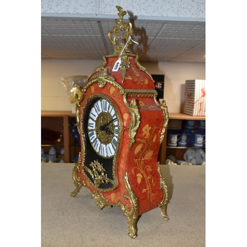 405 - A REPRODUCTION MANTEL CLOCK, Louis XVI style, bell strike, with painted faux marquetry case, the wor... 