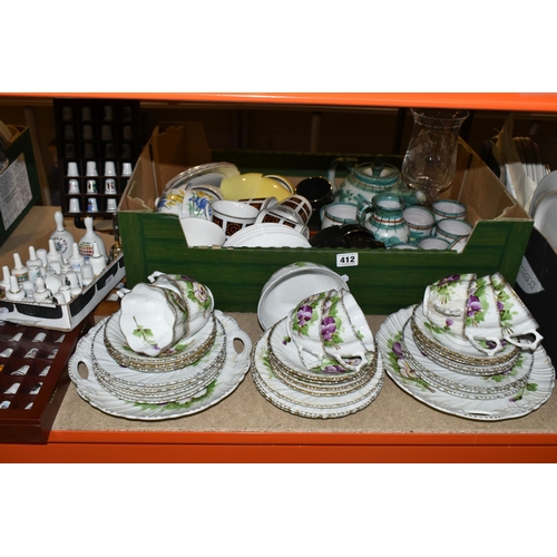 412 - ONE BOX OF CERAMICS AND THIMBLE COLLECTION, to include an Austrian porcelain tea set hand painted wi... 