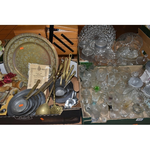 415 - THREE BOXES OF GLASSWARE AND SUNDRIES, to include a Merrythought teddy bear, a 1923 official souveni... 