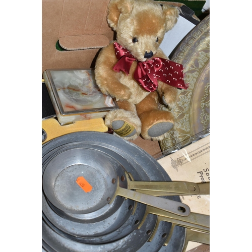 415 - THREE BOXES OF GLASSWARE AND SUNDRIES, to include a Merrythought teddy bear, a 1923 official souveni... 