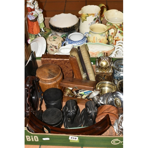 416 - TWO BOXES OF CERAMICS AND ORNAMENTS, to include a Murano glass bottle stopper, a Smiths brass electr... 