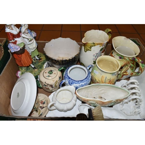 416 - TWO BOXES OF CERAMICS AND ORNAMENTS, to include a Murano glass bottle stopper, a Smiths brass electr... 