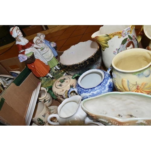 416 - TWO BOXES OF CERAMICS AND ORNAMENTS, to include a Murano glass bottle stopper, a Smiths brass electr... 