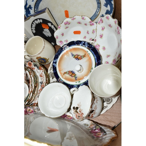 417 - ONE BOX OF TEAWARE, to include a Longton Chapman's china tea set, Wedgwood black basalt Jasperware a... 