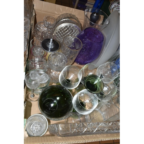 423 - THREE BOXES OF ASSORTED GLASSWARES ETC, to include an iridescent uranium glass posy vase with twin l... 