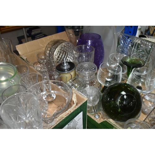 423 - THREE BOXES OF ASSORTED GLASSWARES ETC, to include an iridescent uranium glass posy vase with twin l... 