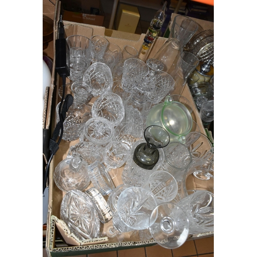 423 - THREE BOXES OF ASSORTED GLASSWARES ETC, to include an iridescent uranium glass posy vase with twin l... 