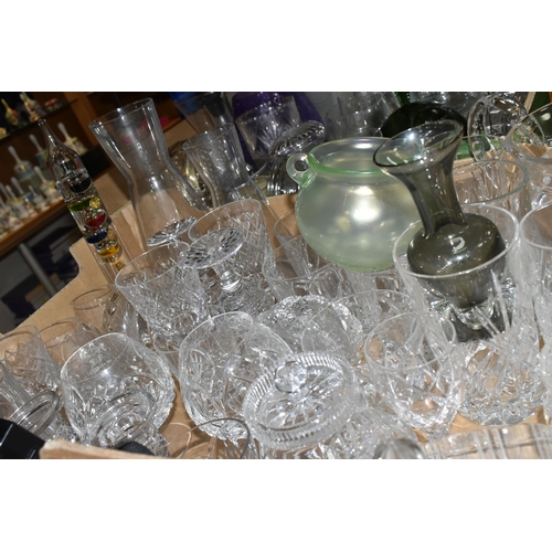 423 - THREE BOXES OF ASSORTED GLASSWARES ETC, to include an iridescent uranium glass posy vase with twin l... 