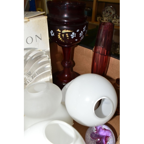 423 - THREE BOXES OF ASSORTED GLASSWARES ETC, to include an iridescent uranium glass posy vase with twin l... 