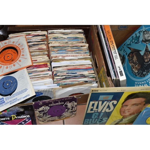 429 - TWO BOXES OF LP RECORDS AND 7 INCH SINGLES, LP artists include Charley Pride, Elvis Presley - G.I Bl... 