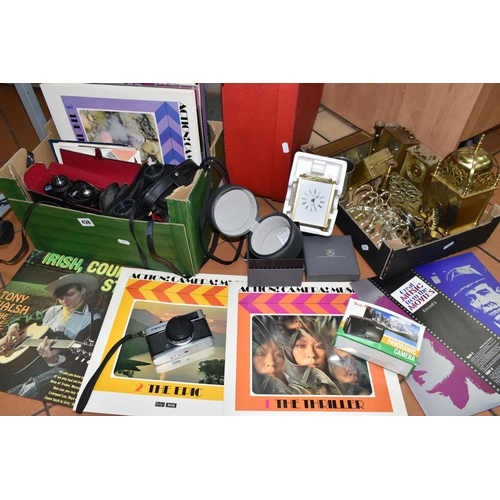 438 - TWO BOXES AND LOOSE SUNDRY ITEMS ETC, to include a light brown fur jacket, Tasco 10x42 binoculars - ... 