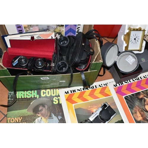 438 - TWO BOXES AND LOOSE SUNDRY ITEMS ETC, to include a light brown fur jacket, Tasco 10x42 binoculars - ... 