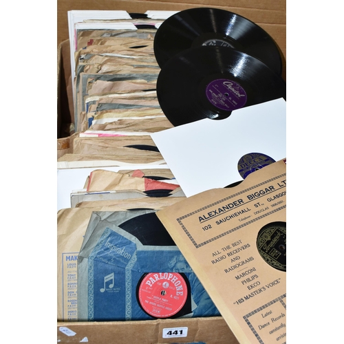 441 - A BOX OF 78RPM RECORDS, artists include The Ink Spots, Lonnie Donegan, Prima Scala, Peter Yorke, Edd... 