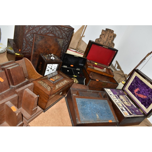 448 - A GROUP OF WOODEN BOXES, CLOCK, POND YACHTS, ETC, to include a work box with some bone and mother of... 