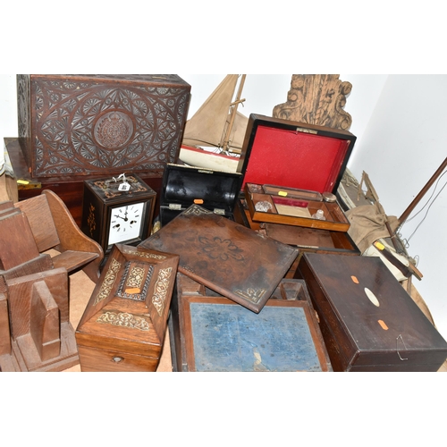 448 - A GROUP OF WOODEN BOXES, CLOCK, POND YACHTS, ETC, to include a work box with some bone and mother of... 