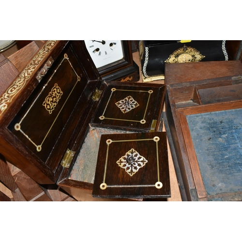 448 - A GROUP OF WOODEN BOXES, CLOCK, POND YACHTS, ETC, to include a work box with some bone and mother of... 