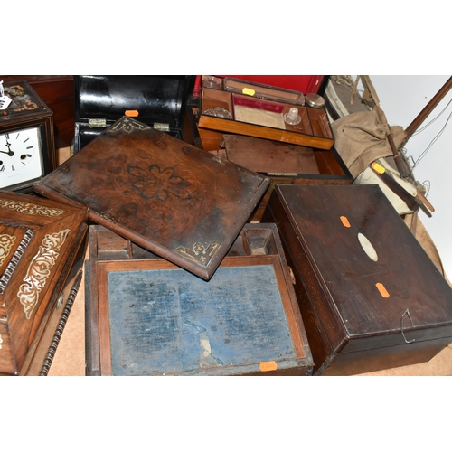 448 - A GROUP OF WOODEN BOXES, CLOCK, POND YACHTS, ETC, to include a work box with some bone and mother of... 