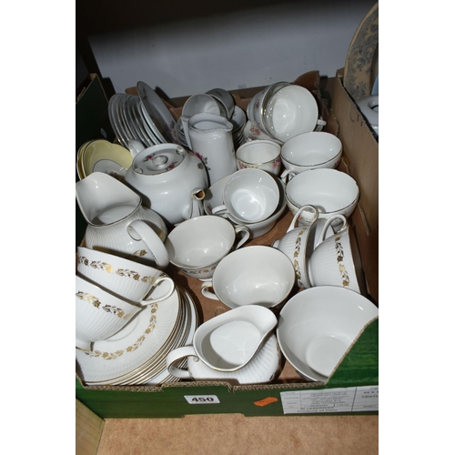 450 - THREE BOXES AND LOOSE TEA AND KITCHEN WARE, to include a twenty one piece of Royal Doulton Fairfax T... 