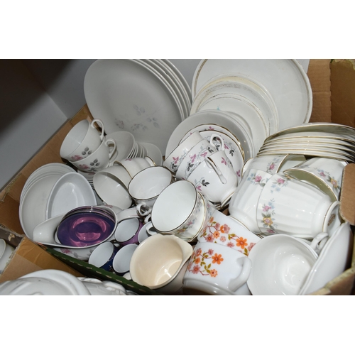 450 - THREE BOXES AND LOOSE TEA AND KITCHEN WARE, to include a twenty one piece of Royal Doulton Fairfax T... 