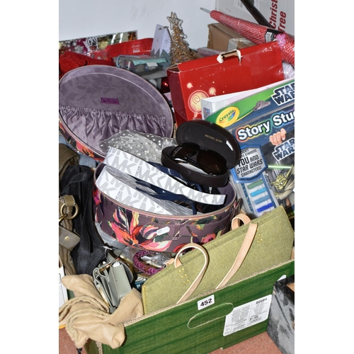 452 - THREE BOXES AND LOOSE LADIES' ACCESSORIES, CHRISTMAS DECORATIONS, CRAFTING ITEMS, ETC, to include a ... 