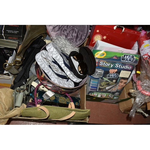 452 - THREE BOXES AND LOOSE LADIES' ACCESSORIES, CHRISTMAS DECORATIONS, CRAFTING ITEMS, ETC, to include a ... 