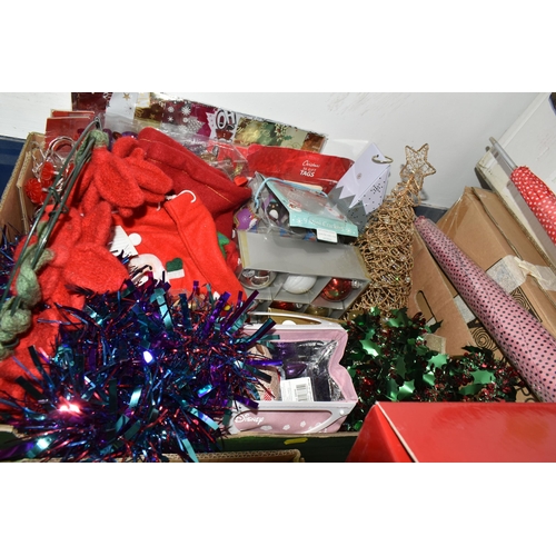 452 - THREE BOXES AND LOOSE LADIES' ACCESSORIES, CHRISTMAS DECORATIONS, CRAFTING ITEMS, ETC, to include a ... 