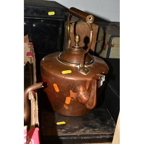 456 - THREE BOXES AND LOOSE METAL WARES AND SUNDRY HOUSEHOLD ITEMS, to include two copper kettles, a vinta... 