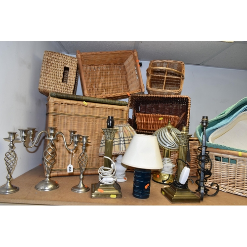 458 - A GROUP OF LAMPS, CANDLESTICKS AND WICKER BASKETS, to include a pair of brass column style table lam... 