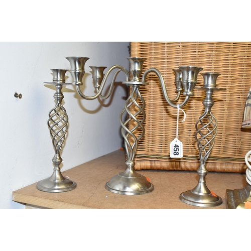 458 - A GROUP OF LAMPS, CANDLESTICKS AND WICKER BASKETS, to include a pair of brass column style table lam... 