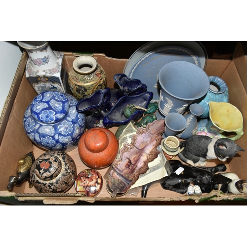 461 - THREE BOXES AND LOOSE CERAMICS AND ORNAMENTS, to include three oriental ginger jars, a small Beswick... 