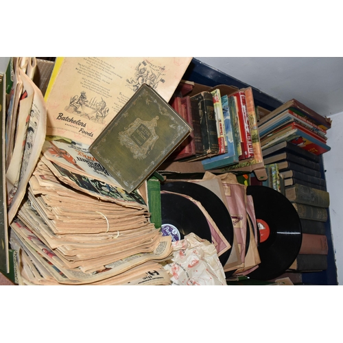 463 - FOUR BOXES OF BOOKS, COMICS AND RECORDS, to include over fifty books including antiquarian and child... 