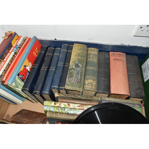 463 - FOUR BOXES OF BOOKS, COMICS AND RECORDS, to include over fifty books including antiquarian and child... 