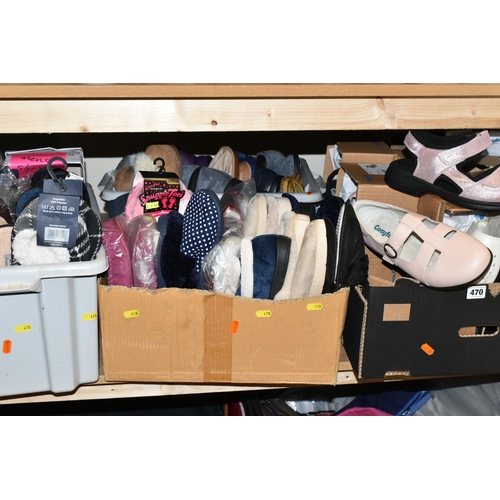 470 - FOUR BOXES OF MEN'S AND WOMEN'S SLIPPERS, assorted styles and colours, to include fourteen pairs of ... 