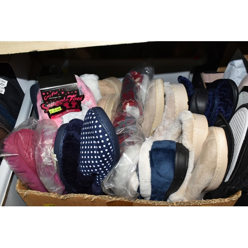 470 - FOUR BOXES OF MEN'S AND WOMEN'S SLIPPERS, assorted styles and colours, to include fourteen pairs of ... 