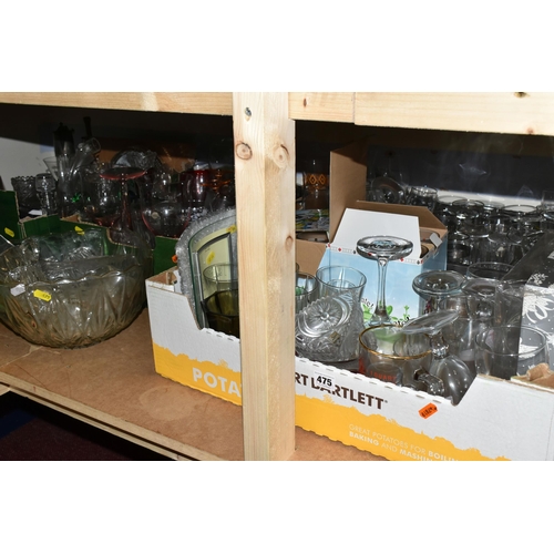 475 - FOUR BOXES OF GLASSWARE, to include punch bowl and cups, drinking glasses, named beer glasses, decan... 