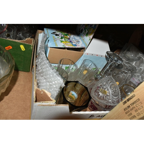 475 - FOUR BOXES OF GLASSWARE, to include punch bowl and cups, drinking glasses, named beer glasses, decan... 