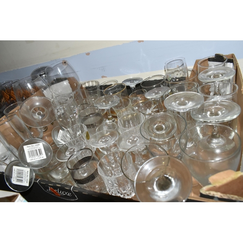 475 - FOUR BOXES OF GLASSWARE, to include punch bowl and cups, drinking glasses, named beer glasses, decan... 