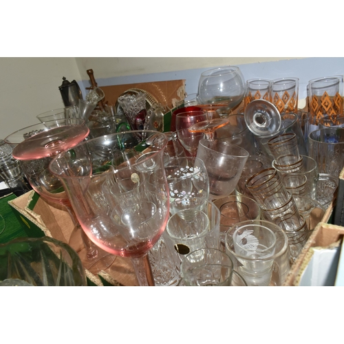 475 - FOUR BOXES OF GLASSWARE, to include punch bowl and cups, drinking glasses, named beer glasses, decan... 