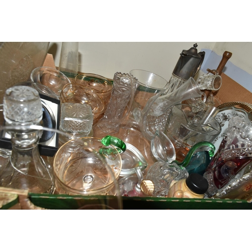 475 - FOUR BOXES OF GLASSWARE, to include punch bowl and cups, drinking glasses, named beer glasses, decan... 